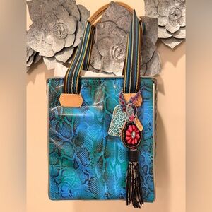 ***SOLD OUT*** CONSUELA CADE CHICA TOTE LEATHER TEAL BLACK TAN SNAKE BAG CHARMS